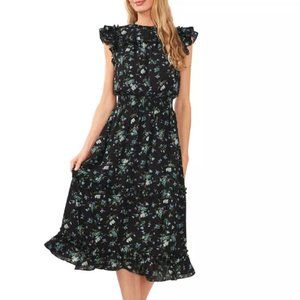 CECE Women's Flutter-Sleeve Smocked Waist Floral Midi Dress